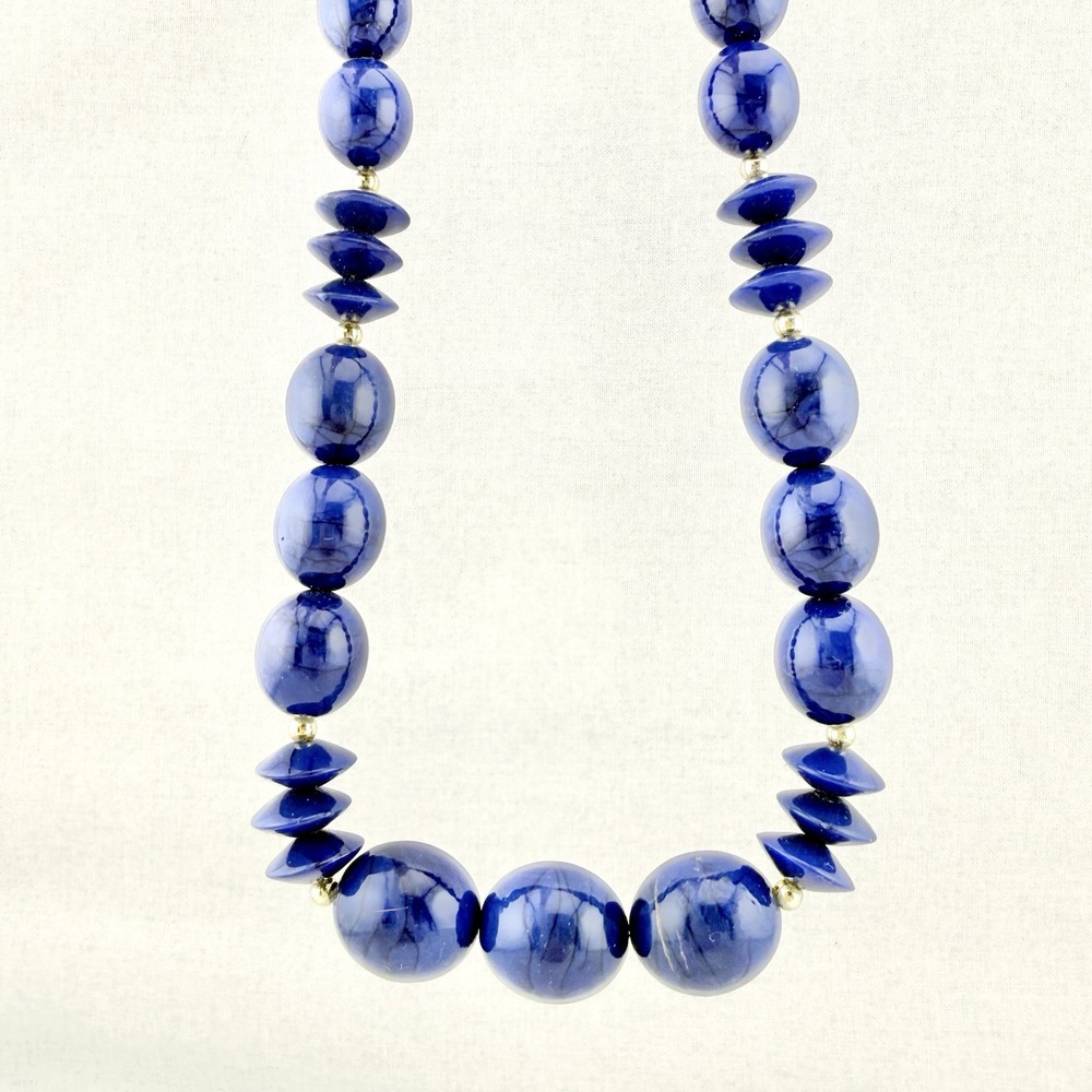 Vintage Chunky Blue Bead Necklace Cobalt Royal Acrylic Plastic Statement Marbled